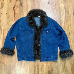 Painted Pony Vintage Blue Denim Jacket Faux Fur Collar Cuffs USA Made M